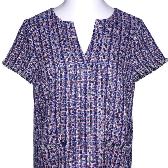 Ann Taylor Womens Tweed Short Sleeve Shift Dress 10 Fringe Hem Knee Length - Picture 1 of 8